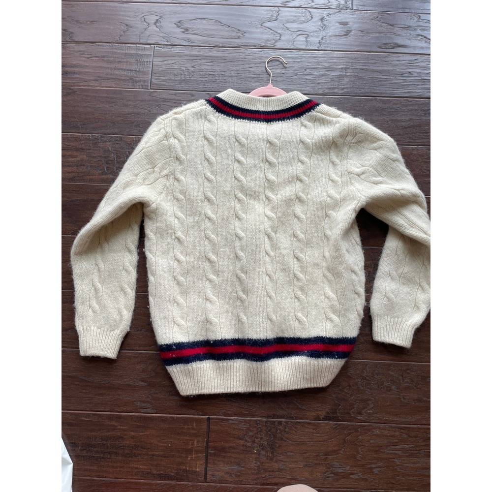 Brandy Melville Cream Cable Knit Varsity V-Neck Sweater Red Navy Stripe - Picture 5 of 5